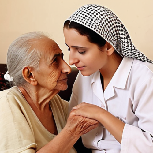 Home 19 **Prompt:** A compassionate Arab caregiver gently engaging with an elderly patient suffering from dementia. The scene emphasizes deep human connection and empathy, with the caregiver making eye contact or offering a comforting touch, conveying an understanding of unspoken needs and emotions. The atmosphere is warm, safe, and nurturing, set in a comfortable home environment. Soft, natural lighting highlights the tender interaction.