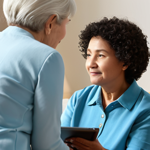 Home 18 A compassionate female caregiver in modest, professional attire, gently observing an elderly person (back to camera) in a warm, brightly lit living room. The caregiver is subtly making notes on a digital tablet. The scene emphasizes empathy and the use of technology in care. safe for work, appropriate content, fully clothed, perfect anatomy, correct proportions, natural pose, well-formed hands, proper finger count, natural body proportions, professional photography, high quality, family-friendly.