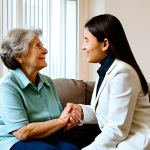 A compassionate female caregiver, fully clothed in modest professional attire, gently holding the hand of an elderly family member with dementia in a warm, comfortable living room. The caregiver shows a blend of empathy and quiet strength, while the elder appears calm and secure. Soft, natural lighting illuminates the scene, conveying the emotional journey and the importance of human connection in caregiving, embodying support and resilience. safe for work, appropriate content, fully clothed, professional, perfect anatomy, correct proportions, natural pose, well-formed hands, proper finger count, natural body proportions, professional photography, high quality.