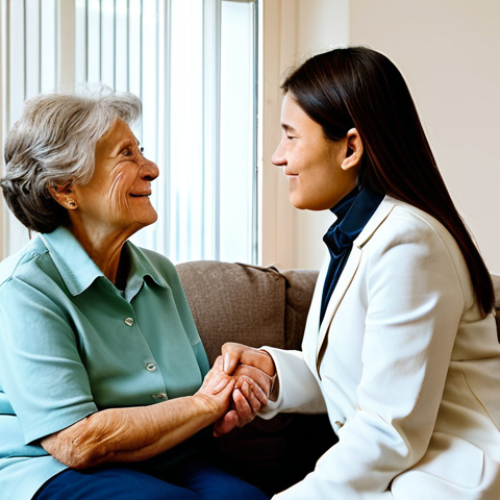 Home 17 A compassionate female caregiver, fully clothed in modest professional attire, gently holding the hand of an elderly family member with dementia in a warm, comfortable living room. The caregiver shows a blend of empathy and quiet strength, while the elder appears calm and secure. Soft, natural lighting illuminates the scene, conveying the emotional journey and the importance of human connection in caregiving, embodying support and resilience. safe for work, appropriate content, fully clothed, professional, perfect anatomy, correct proportions, natural pose, well-formed hands, proper finger count, natural body proportions, professional photography, high quality.