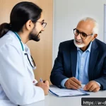 치매관리사 자격증 시험 합격률 통계 - A professional Arab male healthcare worker in modern clinical attire, wearing a white lab coat and g...