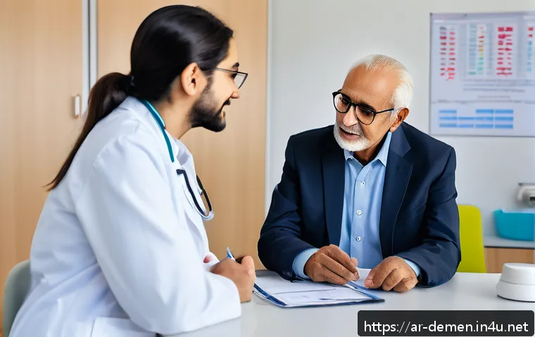 치매관리사 자격증 시험 합격률 통계 - A professional Arab male healthcare worker in modern clinical attire, wearing a white lab coat and g...