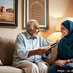 치매관리사 실습 경험담 - A compassionate Middle Eastern woman caregiver gently assisting an elderly Arab man with dementia in...