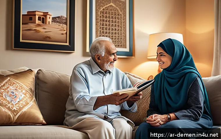 치매관리사 실습 경험담 - A compassionate Middle Eastern woman caregiver gently assisting an elderly Arab man with dementia in...