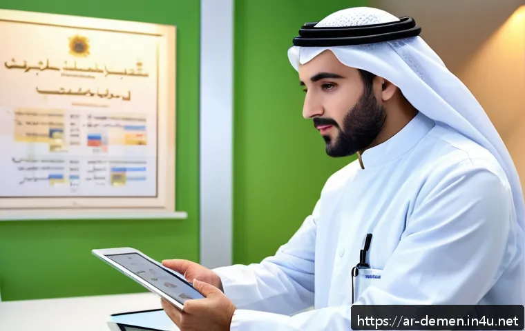 치매관리사 자격증 갱신 절차 - A professional Middle Eastern healthcare specialist in a modern clinic setting, wearing modest, prof...
