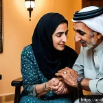 치매관리사 고충과 해결 방안 - A compassionate Middle Eastern woman caregiver wearing modest, culturally appropriate clothing, gent...